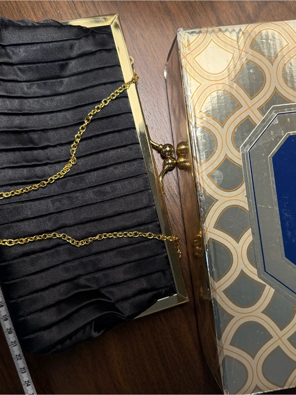 Estee Lauder Black Satin Pleated Clutch with Gold Chain